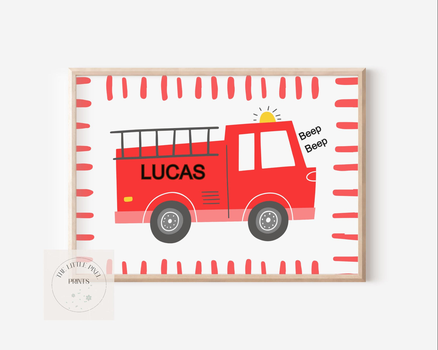 personalised fire truck engine vehicle wall print for childrens bedroom, nursery or playroom