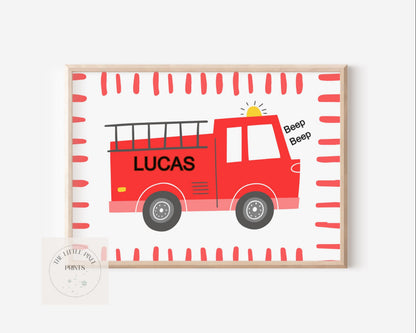 personalised fire truck engine vehicle wall print for childrens bedroom, nursery or playroom