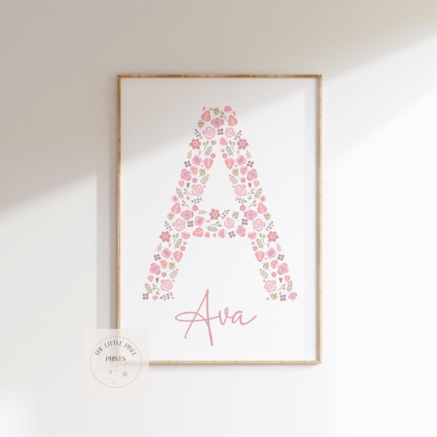 girls personalised floral initial name print for girls room print for bedroom, nursery or playroom, printed wall art for childrens bedroom