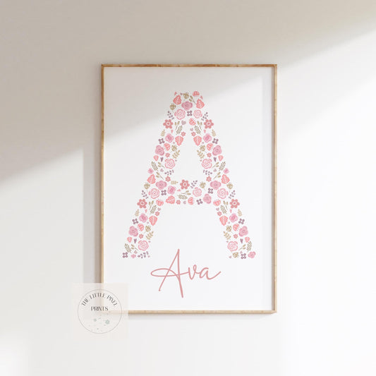 girls personalised floral initial name print for girls room print for bedroom, nursery or playroom, printed wall art for childrens bedroom