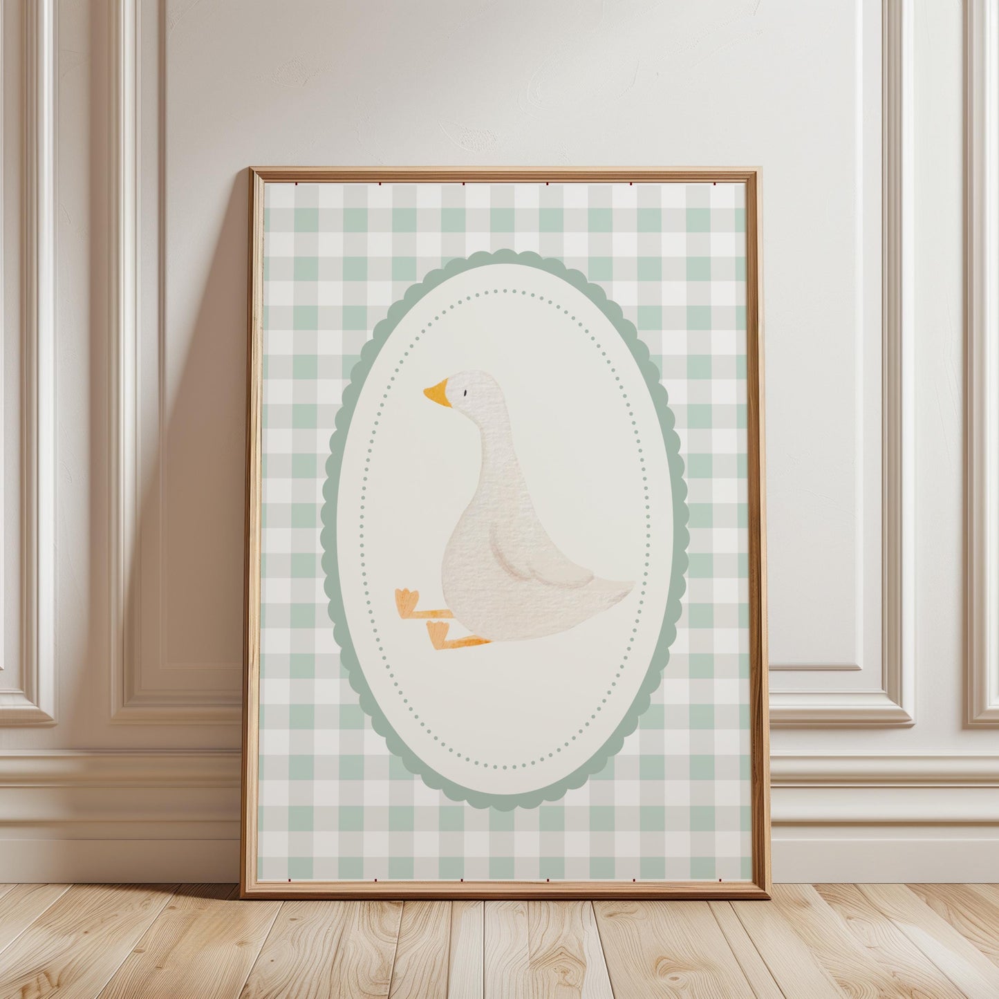 childrens vintage goose wall print with gingham pattern for nursery, bedroom or playroom