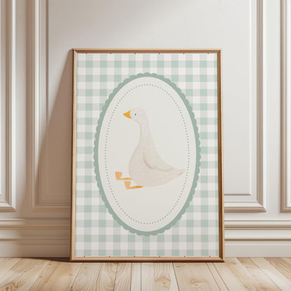 childrens vintage goose wall print with gingham pattern for nursery, bedroom or playroom