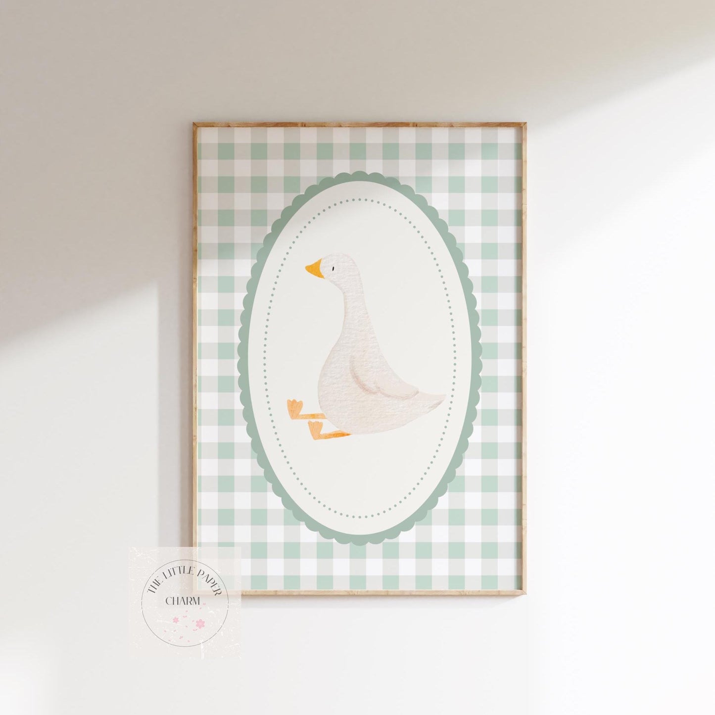 childrens vintage goose wall print with gingham pattern for nursery, bedroom or playroom