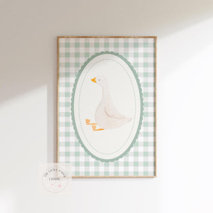 childrens vintage goose wall print with gingham pattern for nursery, bedroom or playroom