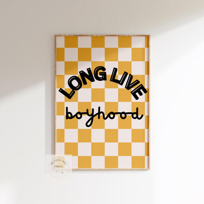 long live boyhood checkered retro print for boys bedroom or nursery, boys wall decor
