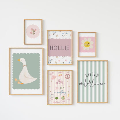 Floral Girls Room Prints, Goose, Wildflower, Personalized Name Wall Art