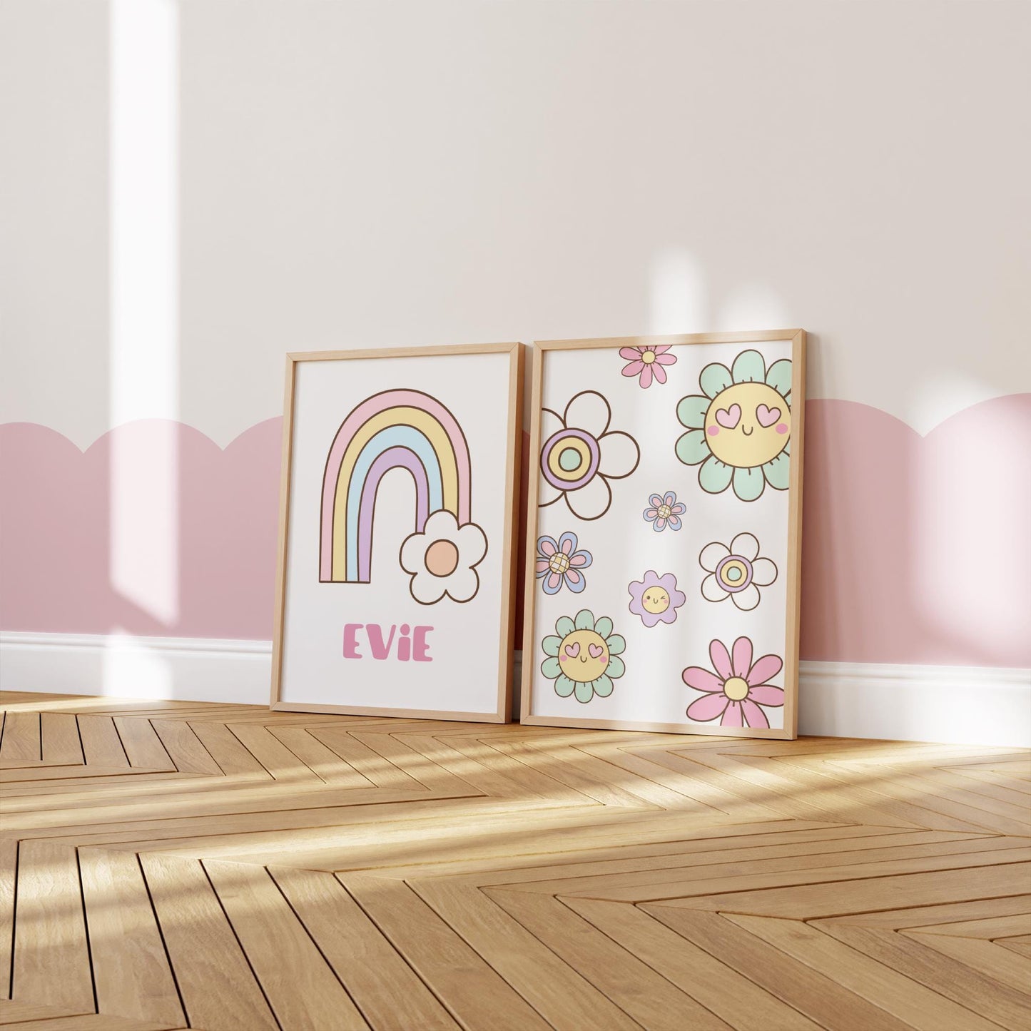 Personalized Retro Print Set: Rainbow & Flowers Nursery Decor