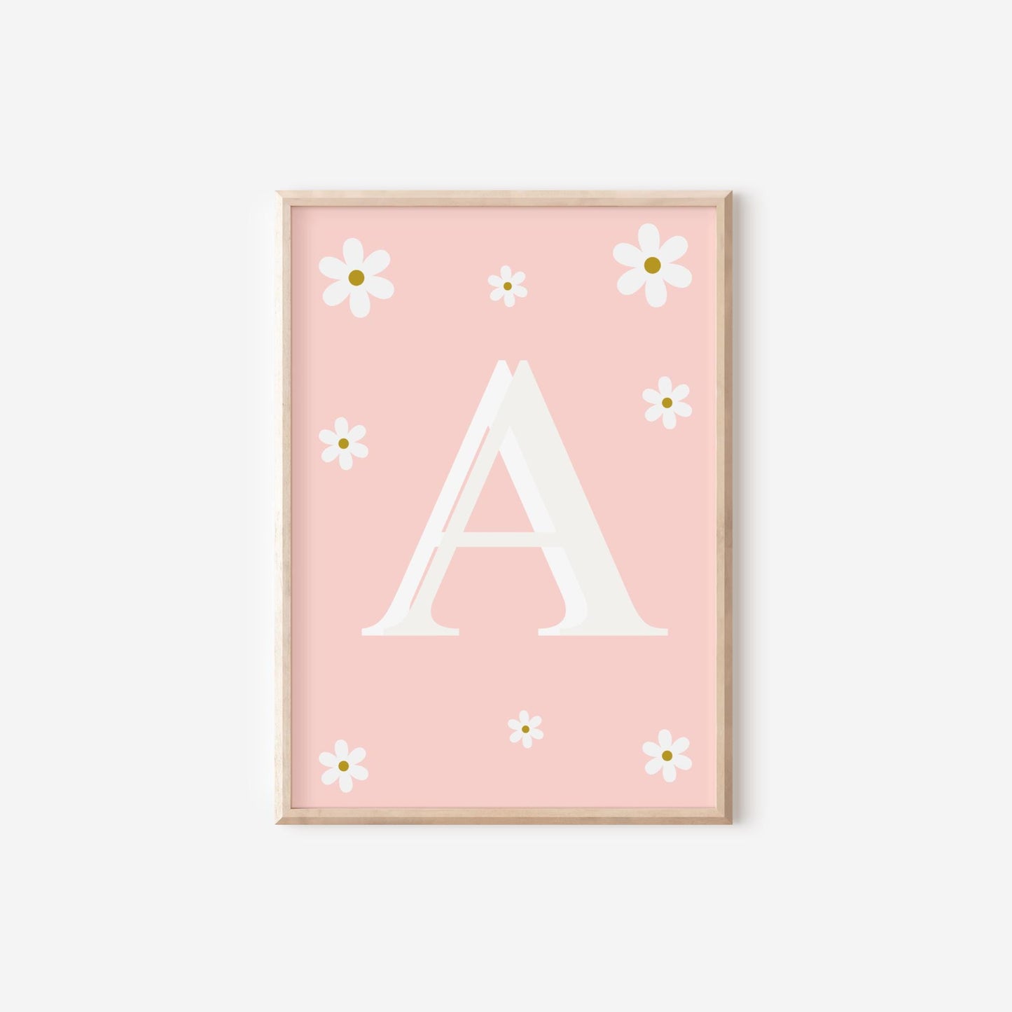 girls personalised initial and name pink  floral daisy wall print for bedroom or nursery