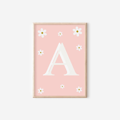 girls personalised initial and name pink  floral daisy wall print for bedroom or nursery