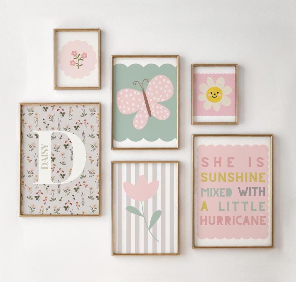 Personalized Pastel Flower Butterfly Print Set, Girls Nursery Decor