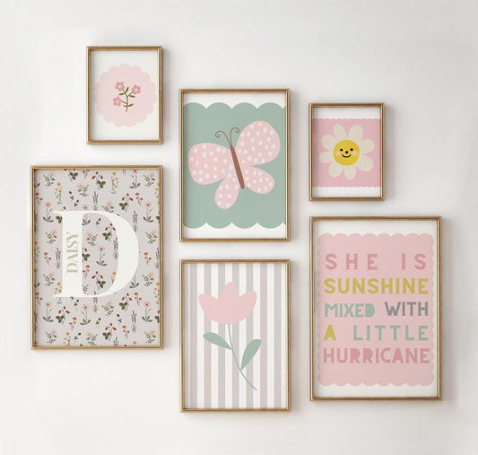 Personalized Pastel Flower Butterfly Print Set, Girls Nursery Decor