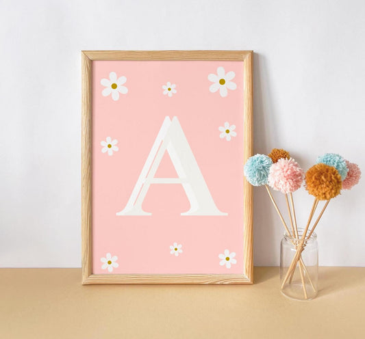 girls personalised initial and name pink  floral daisy wall print for bedroom or nursery
