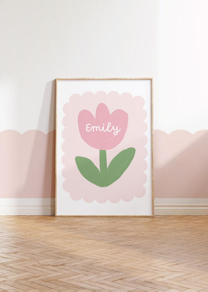 girls pink personalised flower wall print for nursery, bedroom or playroom, childrens room decor