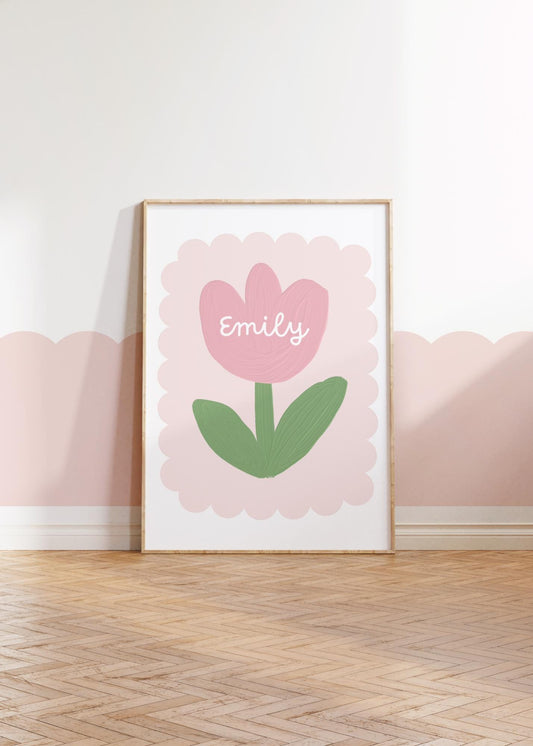 girls pink personalised flower wall print for nursery, bedroom or playroom, childrens room decor