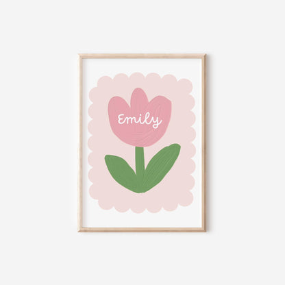 girls pink personalised flower wall print for nursery, bedroom or playroom, childrens room decor
