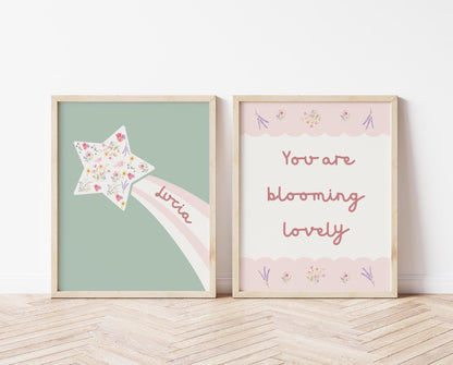Personalised Floral Nursery Prints: Dusty Pink & Sage Green Girl's Room Decor