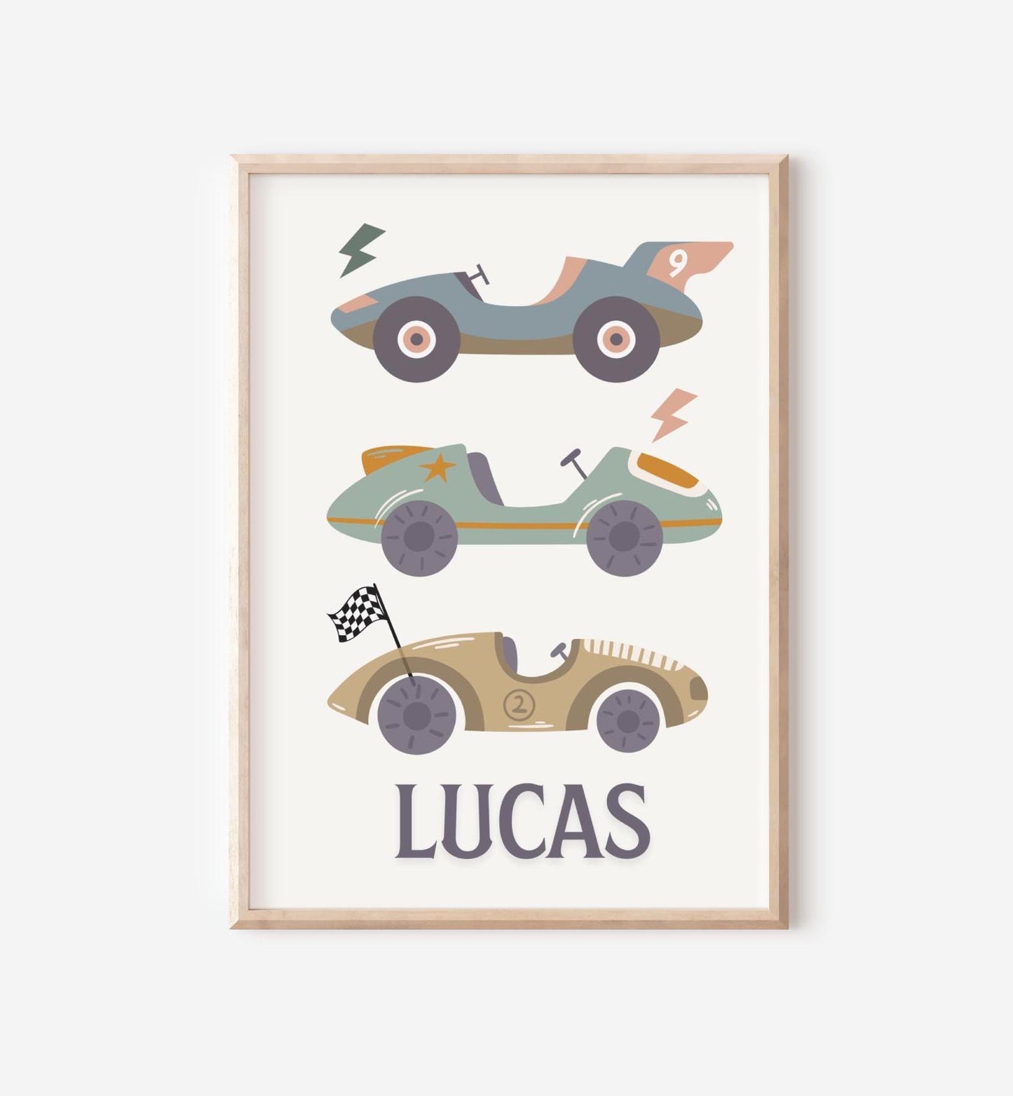 Personalised racing car print set for childrens bedroom, nursery or playroom ( print only )