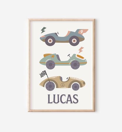 Personalised racing car print set for childrens bedroom, nursery or playroom ( print only )