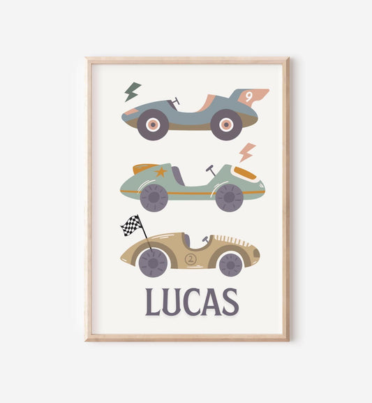 Personalised racing car print set for childrens bedroom, nursery or playroom ( print only )