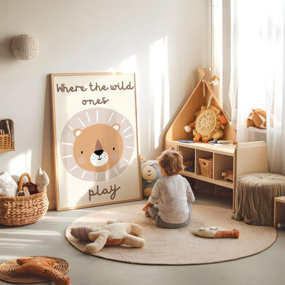 Children’s lion wall print neutral “where the wild ones play” bedroom or nursery art