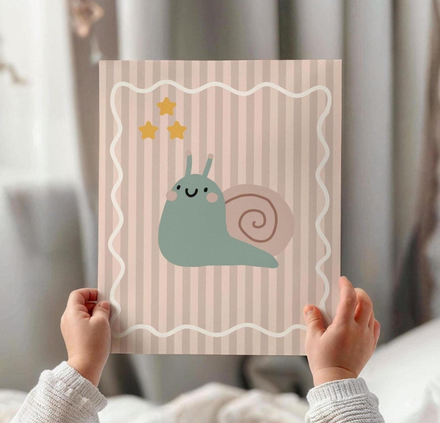 cute happy snail neutral wall print for childrens bedroom, playroom or nursery