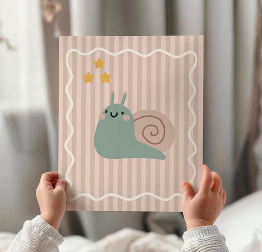 cute happy snail neutral wall print for childrens bedroom, playroom or nursery