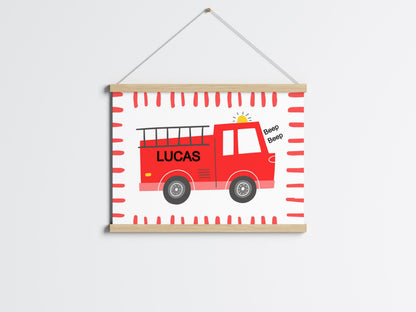 personalised fire truck engine vehicle wall print for childrens bedroom, nursery or playroom