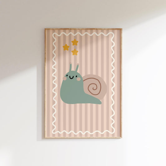 cute happy snail neutral wall print for childrens bedroom, playroom or nursery
