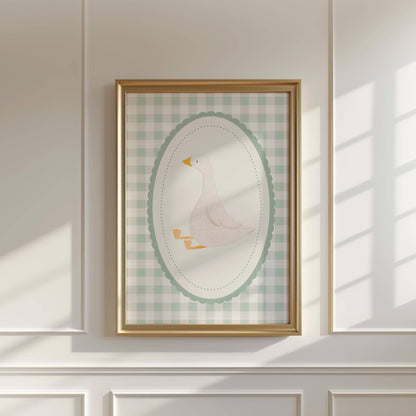 childrens vintage goose wall print with gingham pattern for nursery, bedroom or playroom