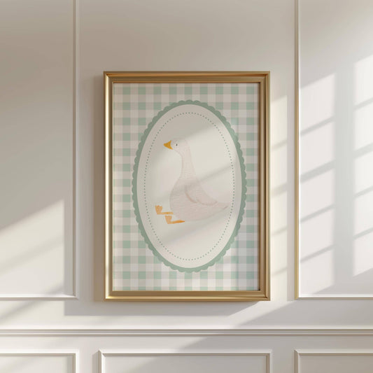 childrens vintage goose wall print with gingham pattern for nursery, bedroom or playroom
