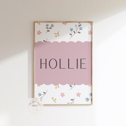Floral personalised print for girls nursery, bedroom or playroom, flower poster for childrens room