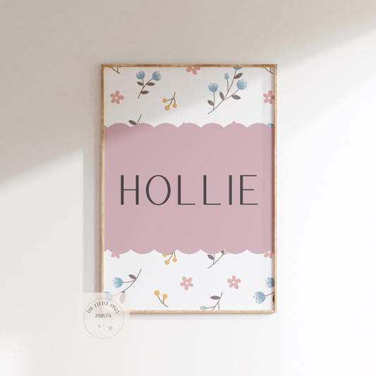 Floral personalised print for girls nursery, bedroom or playroom, flower poster for childrens room