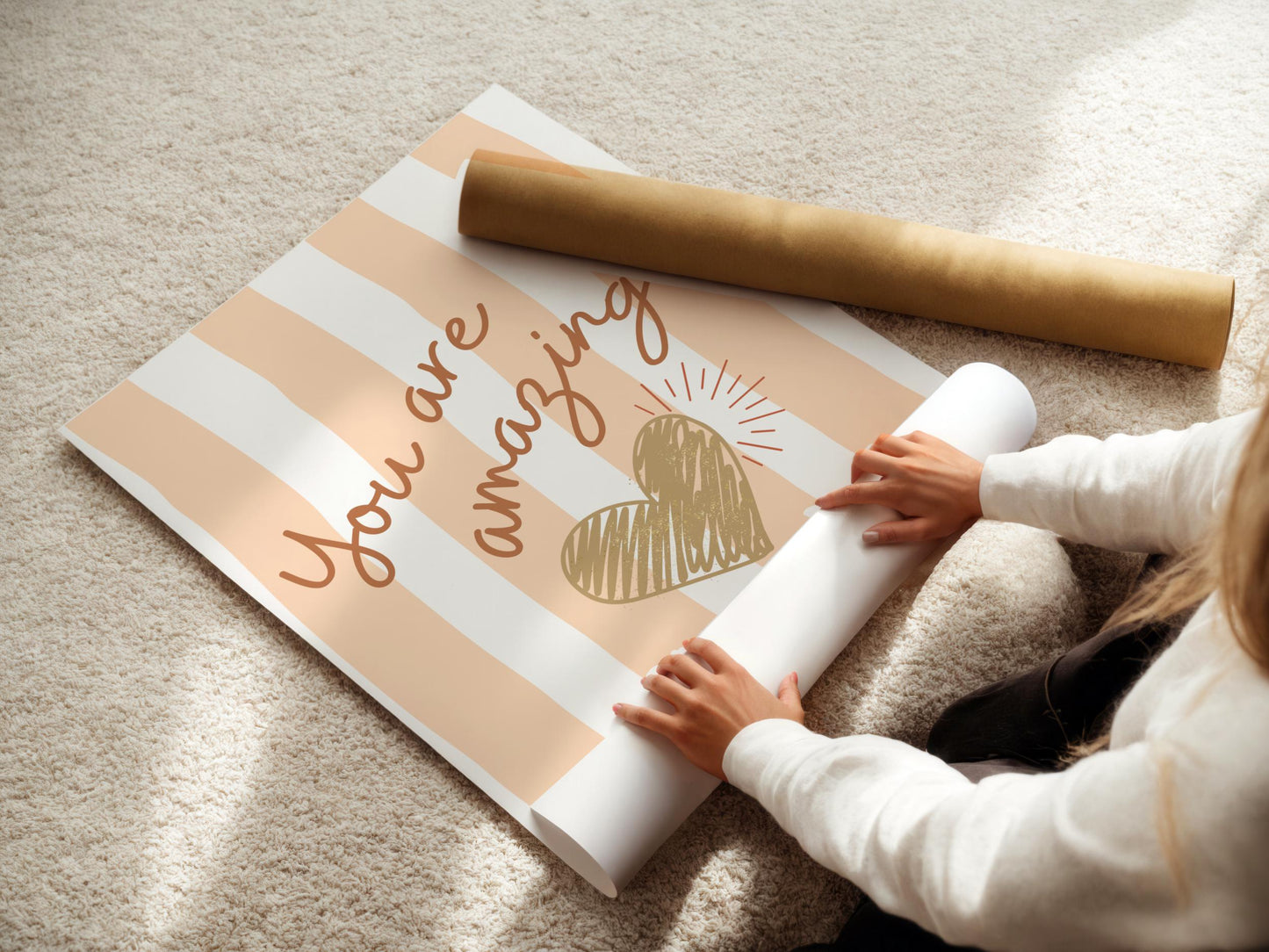 girls affirmation peach striped heart print for bedroom, nursery or playroom