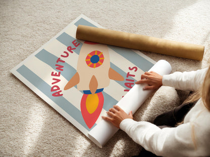 adventure awaits rocket space wall print for boys bedroom, nursery or playroom
