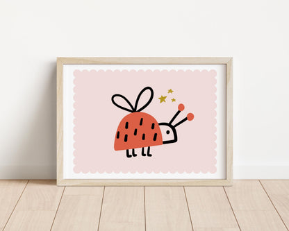 Childrens wall print with scallop and ladybird, girls wall decor, cute bug wall decor for childs bedroom, prints only