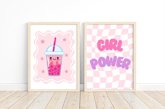girl power bright bobo bubble tea retro print for girls bedroom, nursery or playroom