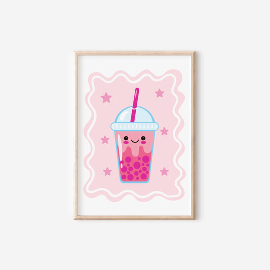 cute bubble tea wall print, pink retro happy boho tea wall art for girls bedroom or playroo,
