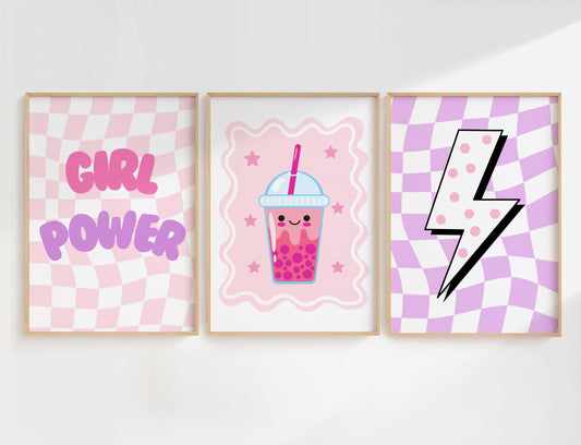 girls retro girl power bubble tea wall print set for childrens bedroom or playroom