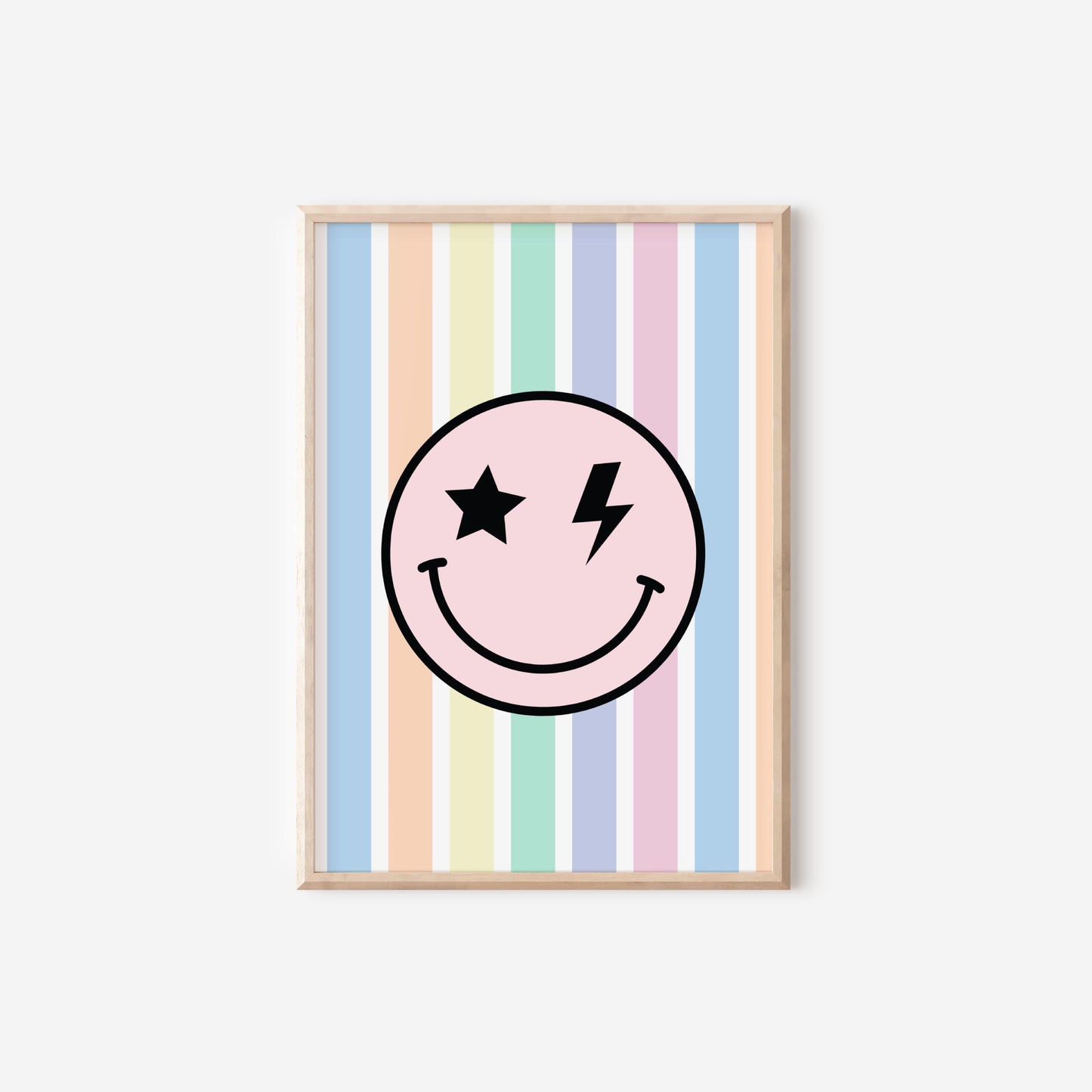 girls happy face retro pastel bright striped wall print for bedroom or nursery