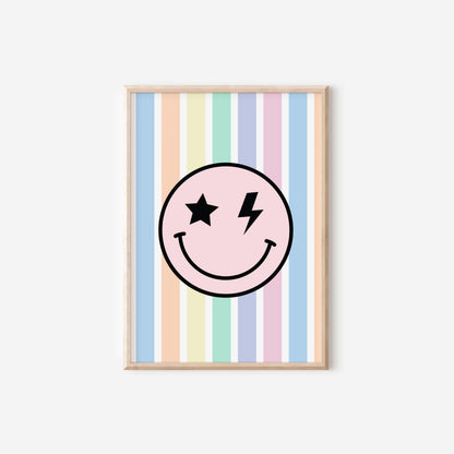girls happy face retro pastel bright striped wall print for bedroom or nursery