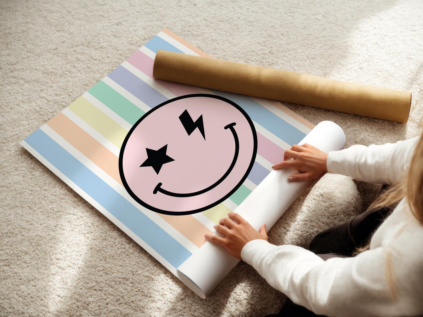 girls happy face retro pastel bright striped wall print for bedroom or nursery