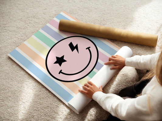girls happy face retro pastel bright striped wall print for bedroom or nursery