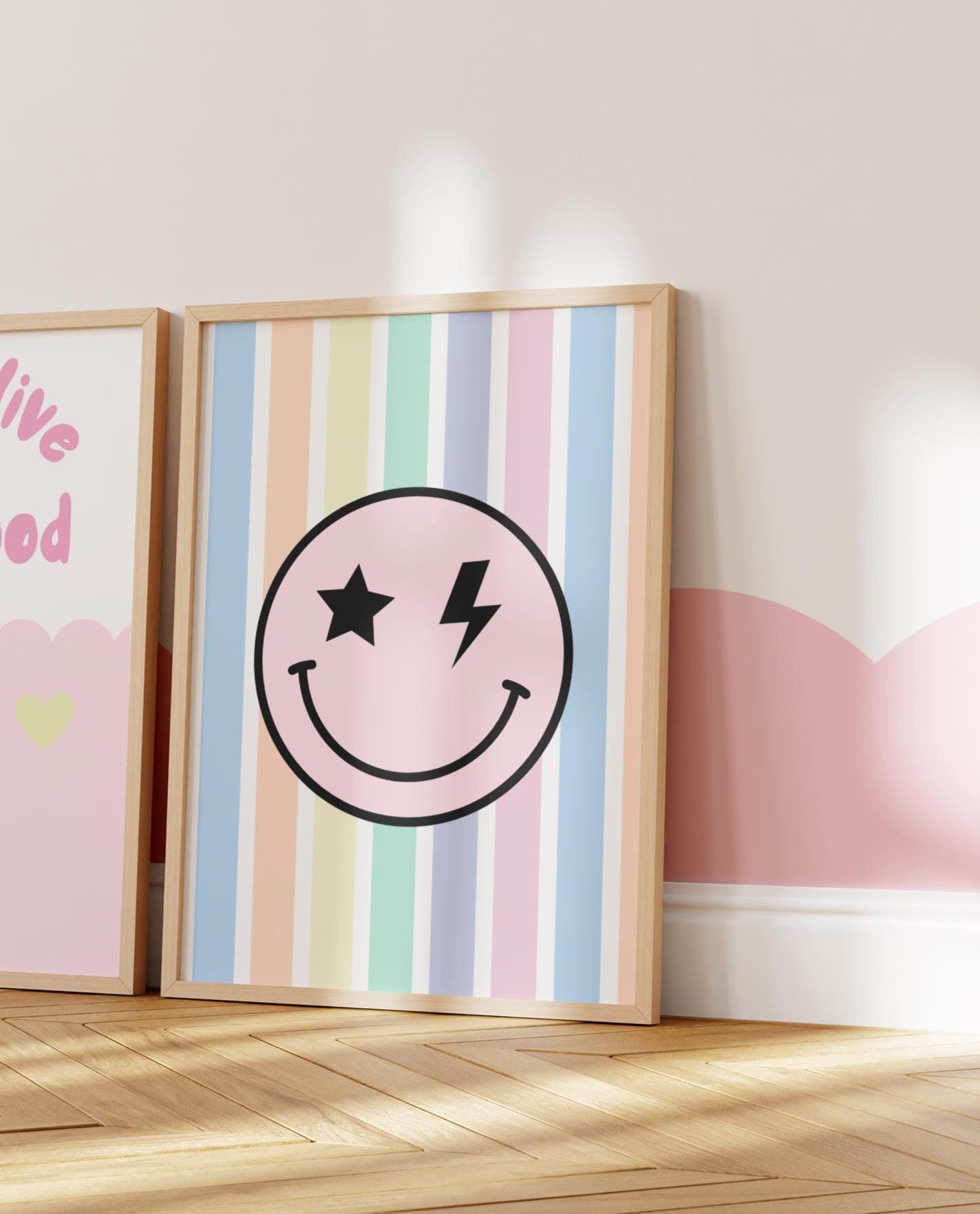 girls happy face retro pastel bright striped wall print for bedroom or nursery