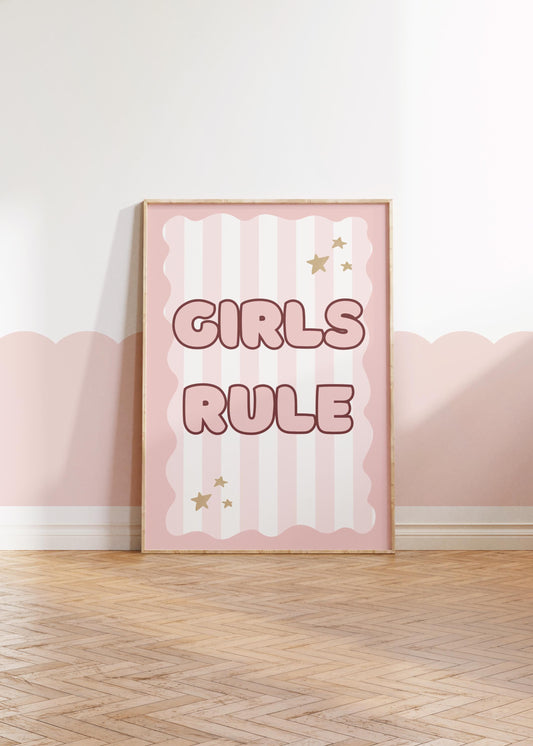 girls rule pink wall print for childrens bedroom, nursery or playroom, funky girls wall art