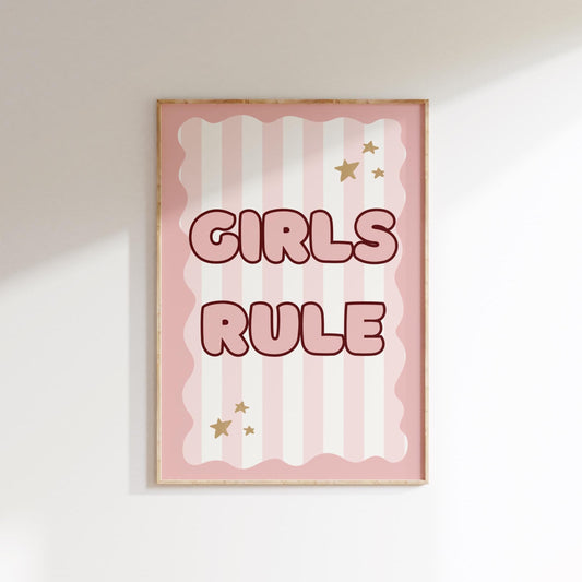girls rule pink wall print for childrens bedroom, nursery or playroom, funky girls wall art