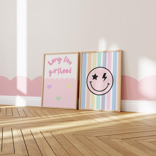 Girls Bedroom Wall Art Set, Retro Happy Face Prints in Pastel Colours,  Nursery Decor