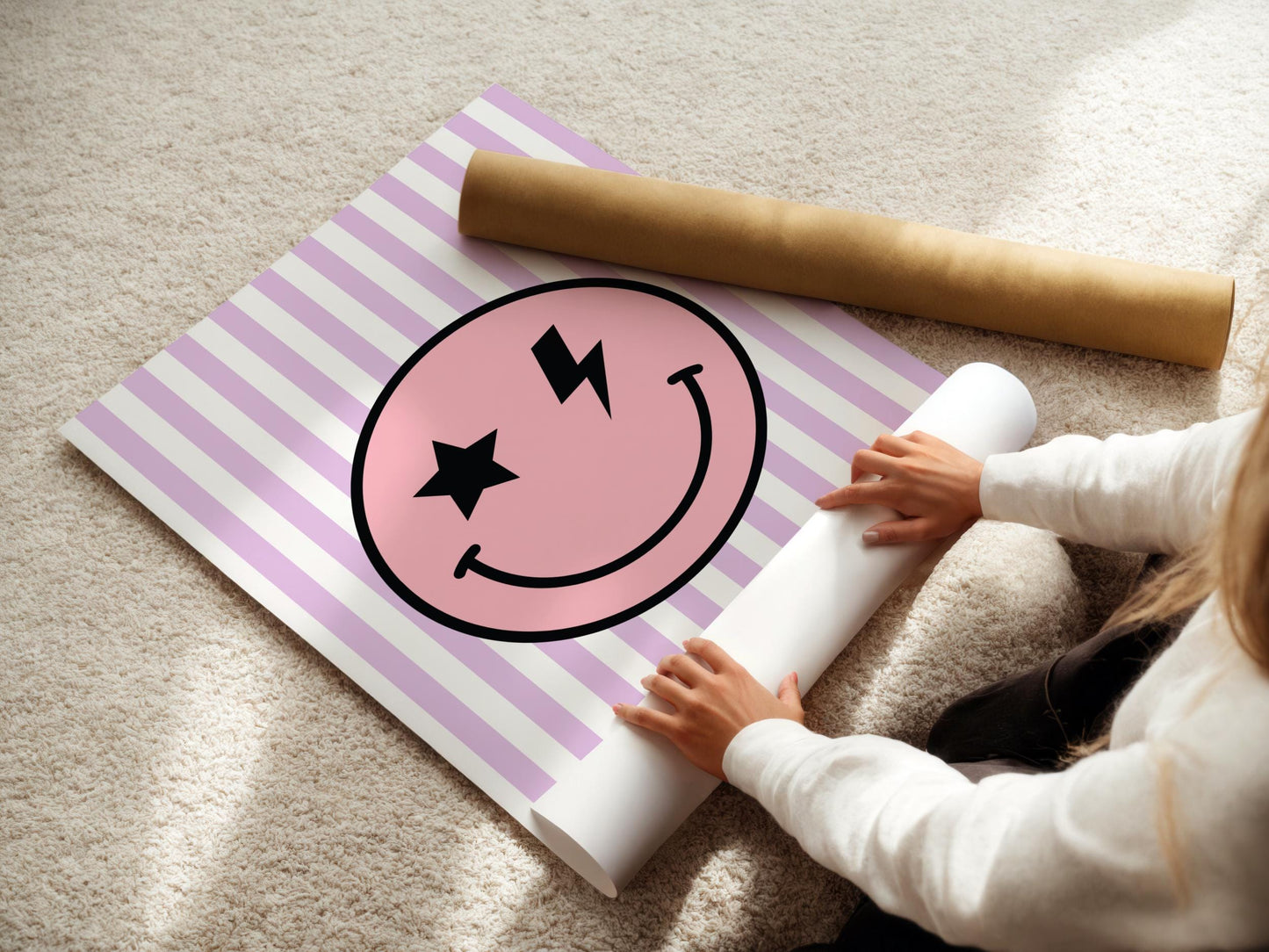 Girls Bedroom Wall Art Set, Retro Happy Face Prints in Pastel Colours,  Nursery Decor