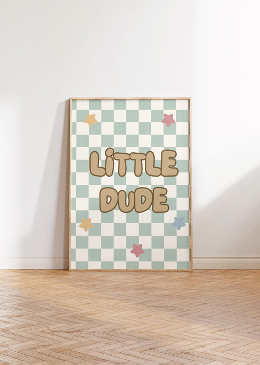 Little Dude Print: Sage Green Checkered Wall Art for Boys Nursery