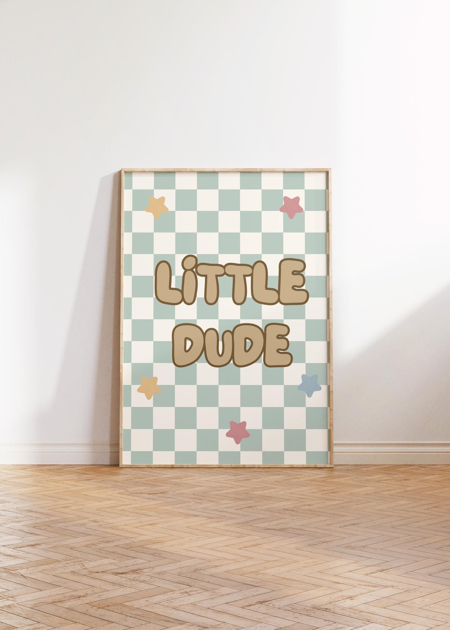 Little Dude Print: Sage Green Checkered Wall Art for Boys Nursery