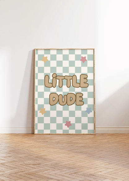 Little Dude Print: Sage Green Checkered Wall Art for Boys Nursery